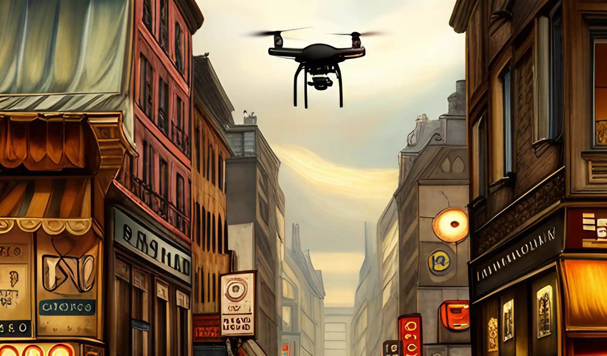 A black drone hovers in the sky between city buildings.