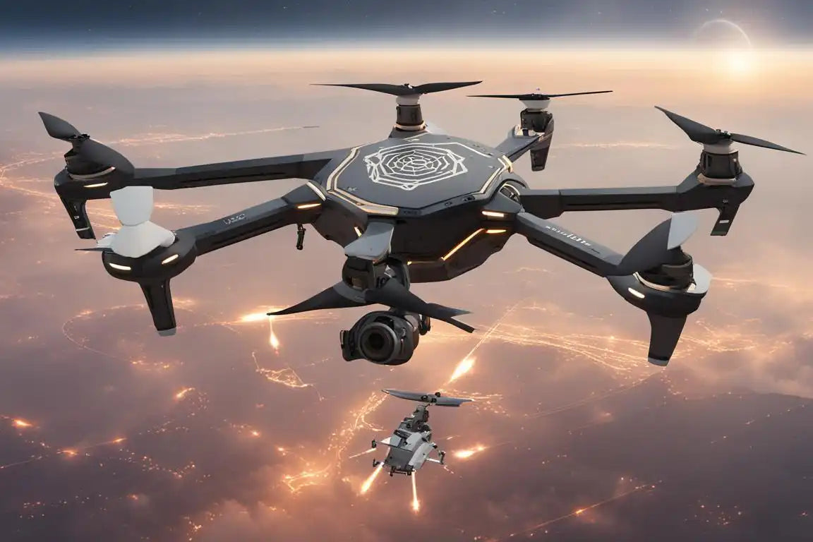 Black hexacopter drone with a mounted camera and extended landing gear.