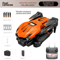 Orange and black foldable d88 fixed-altitude stroboscopic dual-camera drone with sleek aerodynamic design and optical flow sensors
