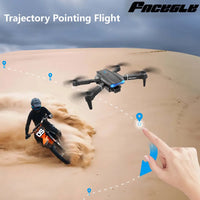 E99 drone with dual hd camera in black and blue foldable design flying above a dirt bike rider for aerial photography