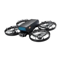 Black and blue drone with four propellers, camera mounted on top.