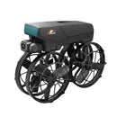 Black and orange robot with wheels