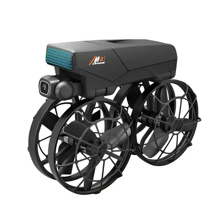 Black and orange robot with wheels