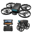 Black quadcopter drone with four rotors and a camera module, designed for aerial photography and videography.