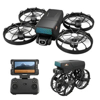 Black quadcopter drone with four rotors and a camera module, designed for aerial photography and videography.