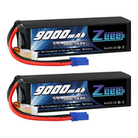 Two black Zeee 9000mAh batteries with red and black wires and blue connectors.